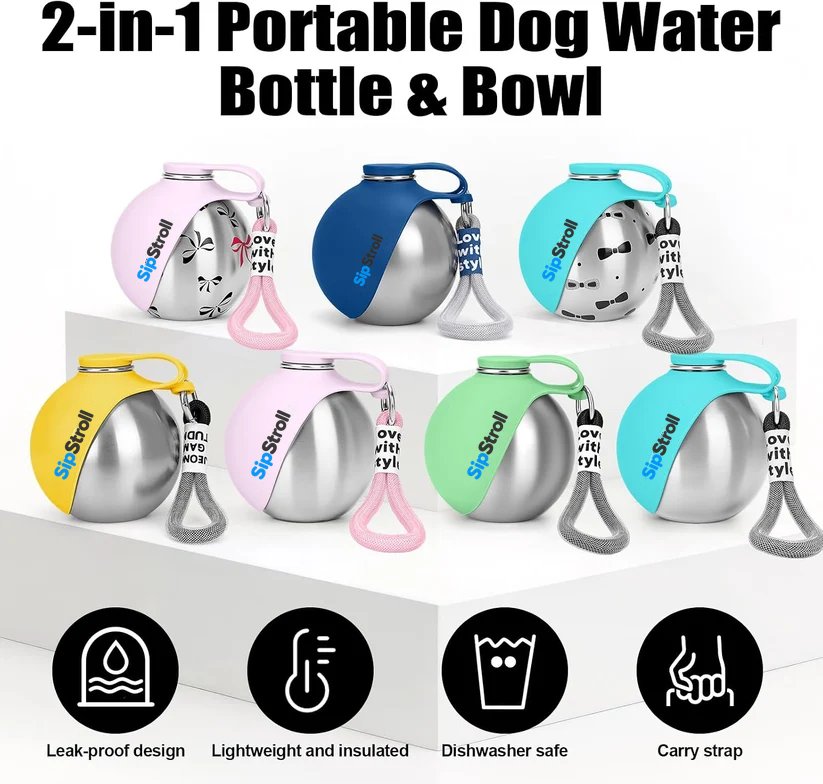 SipStroll dog water bottle and bowl color range