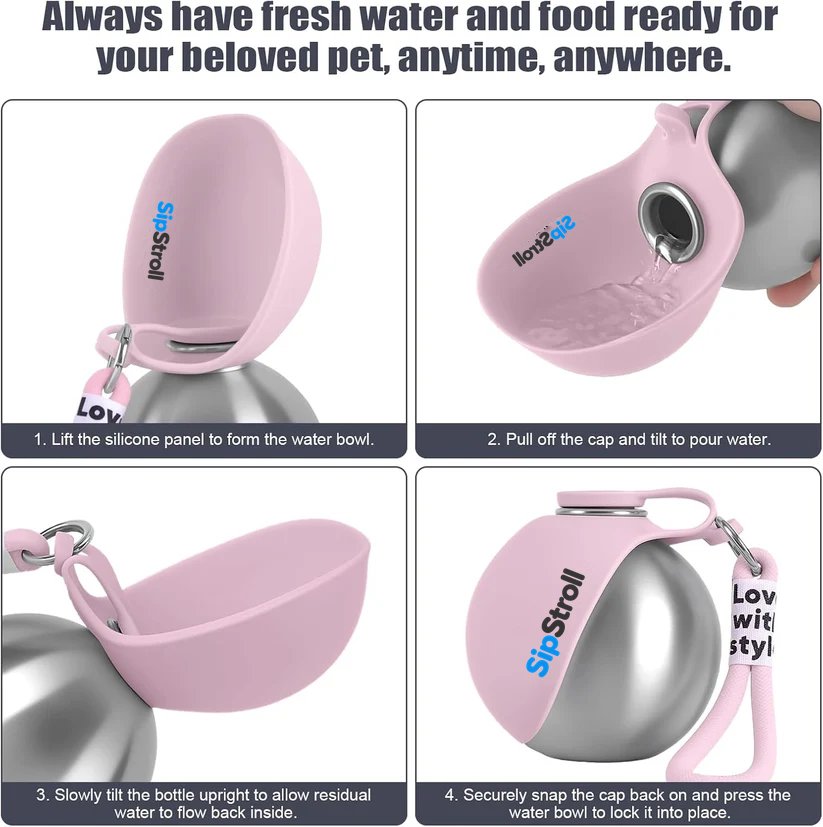 How to use SipStroll: lift the bowl, pour, let water flow back, lock the bowl