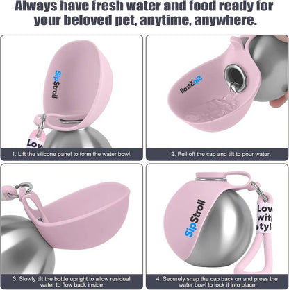 How to use SipStroll: lift the bowl, pour, let water flow back, lock the bowl