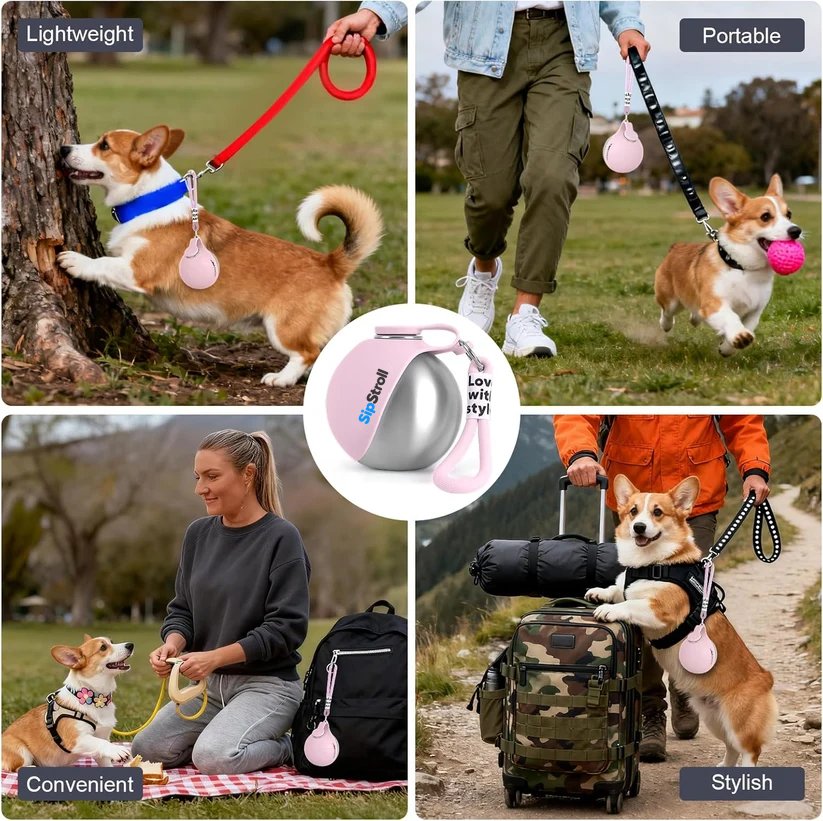 SipStroll bottle hanging from a dog leash on walks and hikes