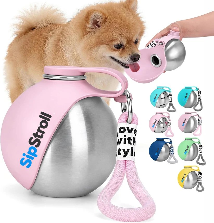 SipStroll dog water bottle with built-in bowl, pink, with a small dog drinking